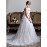 Ball-Gown V-neck Chapel Train Satin Wedding Dress With Lace Beadwork (002011394)