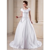 Ball-Gown Scoop Neck Chapel Train Satin Wedding Dress With Embroidery Beadwork (002001624)