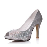 Real Leather Sparkling Glitter Spool Heel Peep Toe Pumps With Rhinestone (086025049)