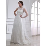 A-Line/Princess Scoop Neck Sweep Train Satin Tulle Wedding Dress With Lace Beadwork (002004543)