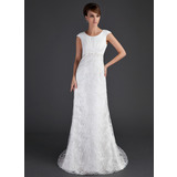 Sheath/Column Scoop Neck Sweep Train Satin Tulle Wedding Dress With Ruffle Lace Beadwork (002001630)