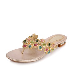 Real Leather Low Heel Slippers Flats With Crystal (086025050)