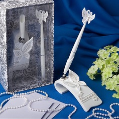 Butterfly Themed Wedding Pen Set In White Resin (101020369)
