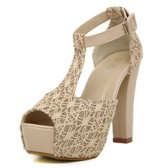 Leatherette Velvet Chunky Heel Peep Toe Platform Pumps With Buckle (085025151)