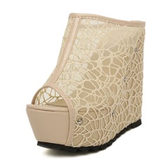 Leatherette Fabric Wedge Heel Peep Toe Platform Pumps (085025157)