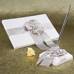 White Wedding Guest Book and Pen Set With Silver Pearl and Bow(101018160)