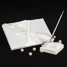 Wedding Guest Book and Pen Set With Ivory Satin Knot Design(101018152)