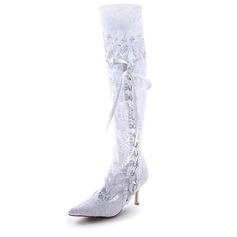 Satin Stiletto Heel Closed Toe Boots Wedding Shoes With Ribbon Tie Stitching Lace (047005049)
