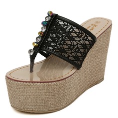 Fabric Wedge Heel Platform Flip Flops Slippers Sandals Pumps With Crystal (085025159)