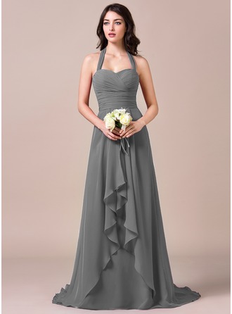 A-Line/Princess Halter Sweep Train Chiffon Bridesmaid Dress With Bow(s) Cascading Ruffles 