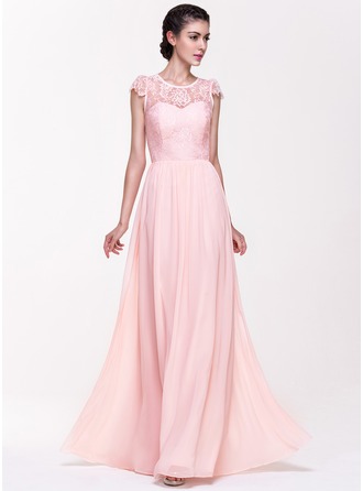 A-Line/Princess Scoop Neck Floor-Length Chiffon Lace Bridesmaid Dress 