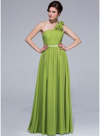 A-Line One-shoulder Floor-length Chiffon Bridesmaid Dress With Ruffle Flowers