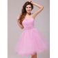 A-Line/Princess Halter Knee-Length Tulle Cocktail Dress With Ruffle Beading (016013979) A-Line/Princess Halter Knee-Length Tulle Cocktail Dress With Ruffle Beading (016013979)