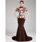 Mermaid High Neck Court Train Satin Tulle Charmeuse Evening Dress With Lace Beading Sequins (017019454)