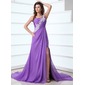A-Line/Princess One-Shoulder Court Train Chiffon Holiday Dress With Ruffle Lace (020017317)