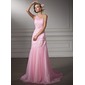 Sheath/Column One-Shoulder Court Train Satin Tulle Wedding Dress With Ruffle Lace Beadwork (002011380)