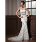 Mermaid Scoop Neck Court Train Organza Satin Wedding Dress With Ruffle Lace Beadwork (002011599)