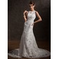 Mermaid Scoop Neck Chapel Train Satin Lace Wedding Dress With Lace Beadwork (002004770)