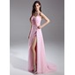 Sheath Halter Court Train Chiffon Prom Dress With Ruffle Beading (018015608)