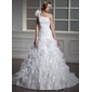 Ball-Gown One-Shoulder Court Train Organza Wedding Dress With Ruffle Flower(s) (002012798)