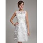 Sheath/Column Scoop Neck Knee-Length Organza Satin Wedding Dress With Feather (002011489) Sheath/Column Scoop Neck Knee-Length Organza Satin Wedding Dress With Feather (002011489)