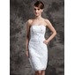 Sheath/Column Strapless Knee-Length Organza Satin Wedding Dress With Lace Beadwork Flower(s) Sequins (002015021)