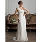 A-Line/Princess One-Shoulder Sweep Train Chiffon Wedding Dress With Ruffle Beadwork Flower(s) (002013807)