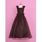 A-Line/Princess V-neck Floor-Length Organza Charmeuse Flower Girl Dress With Flower(s) (010002147)
