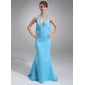 Mermaid V-neck Watteau Train Chiffon Satin Bridesmaid Dress With Ruffle (007004266) Mermaid V-neck Watteau Train Chiffon Satin Bridesmaid Dress With Ruffle (007004266)