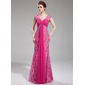 Sheath V-neck Watteau Train Chiffon Lace Prom Dress With Ruffle Beading (018019769) Sheath V-neck Watteau Train Chiffon Lace Prom Dress With Ruffle Beading (018019769)