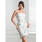 Sheath Strapless Short/Mini Satin Cocktail Dress With Beading Feather Flower(s) Sequins (016020688)