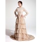 A-Line/Princess High Neck Court Train Chiffon Lace Evening Dress With Ruffle (017020660)