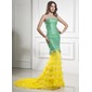 Mermaid Strapless Court Train Organza Satin Prom Dress With Lace (018015436)