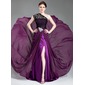 A-Line/Princess One-Shoulder Court Train Chiffon Lace Evening Dress With Beading (017019739)