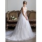 Ball-Gown V-neck Chapel Train Satin Wedding Dress With Lace Beadwork (002011394)