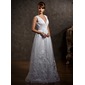 A-Line/Princess V-neck Floor-Length Satin Tulle Wedding Dress With Lace (002012597)