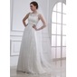 A-Line/Princess Scoop Neck Sweep Train Satin Tulle Wedding Dress With Lace Beadwork (002004543)