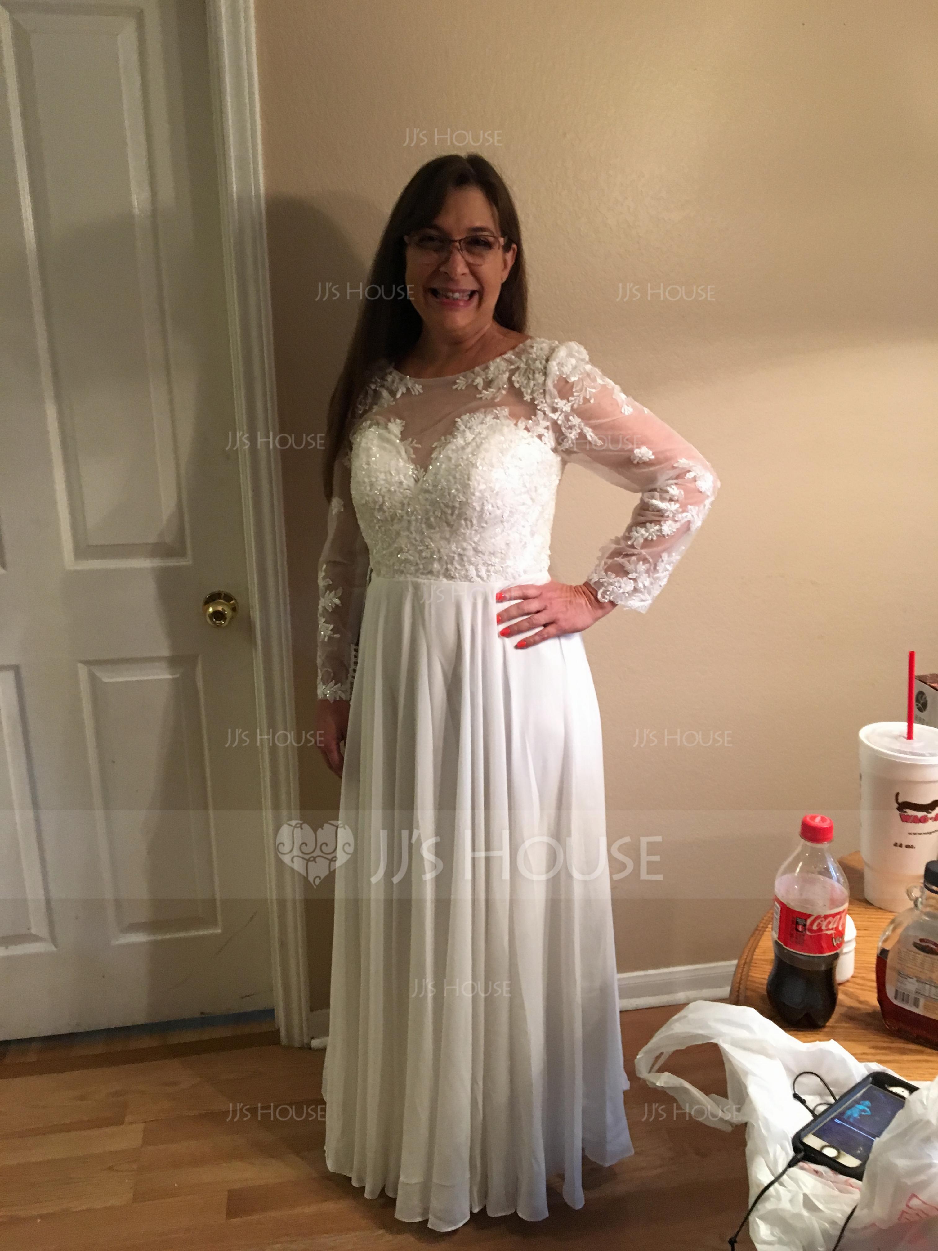 A-Linie Illusion Bodenlang Chiffon Brautkleid mit Perlstickerei (002153453)