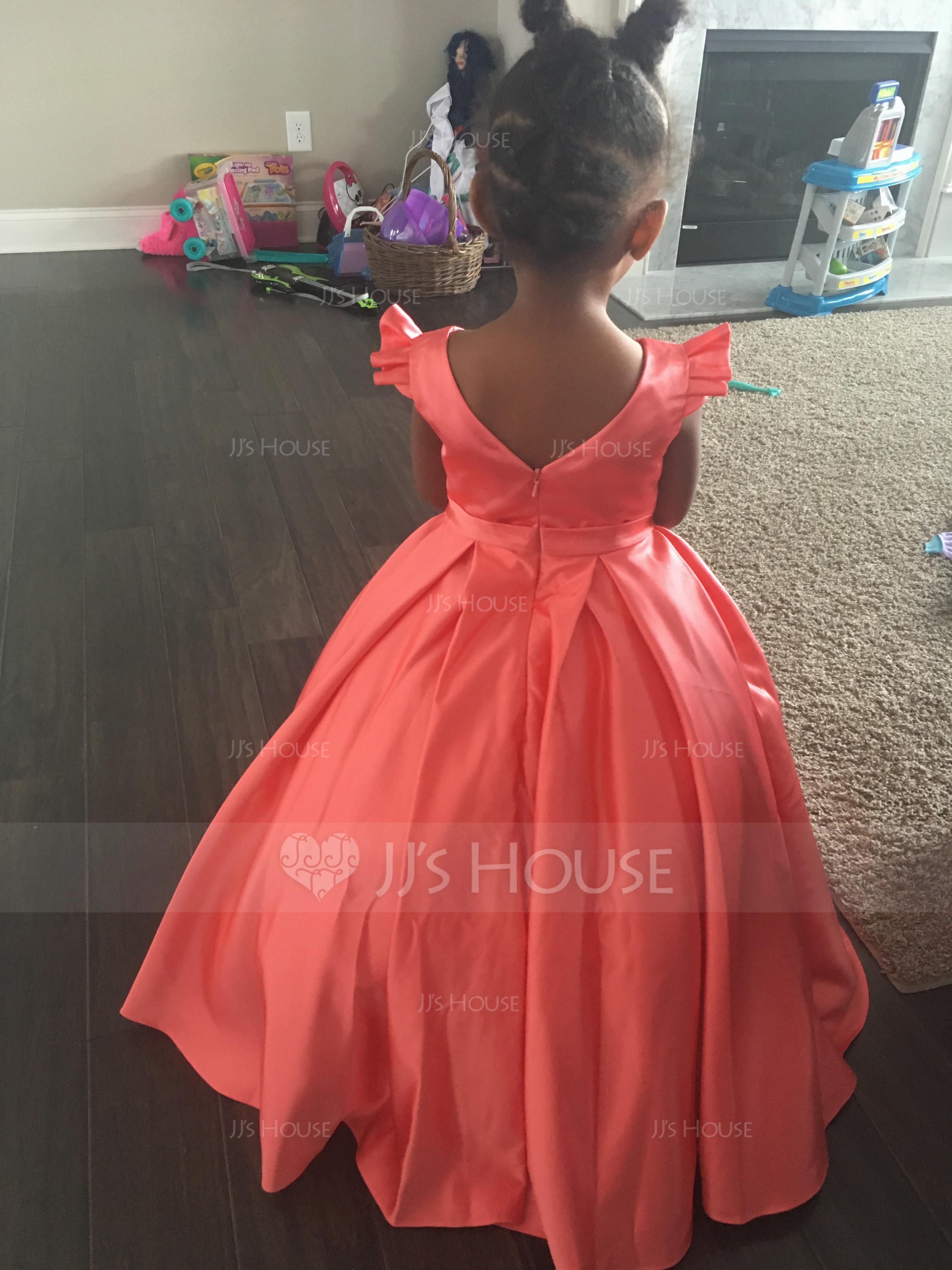 Duchesse-Linie Bodenlang Blumenmädchenkleid - Satin Ärmellos U-Ausschnitt mit Schleife(n) (010143250)