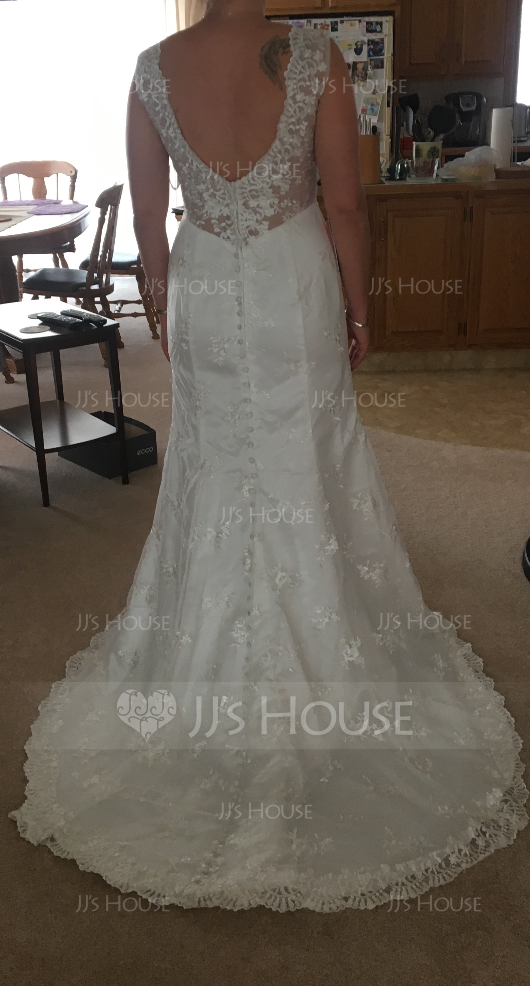 Trompete/Meerjungfrau-Linie V-Ausschnitt Sweep/Pinsel zug Spitze Brautkleid mit Perlstickerei (002107812)