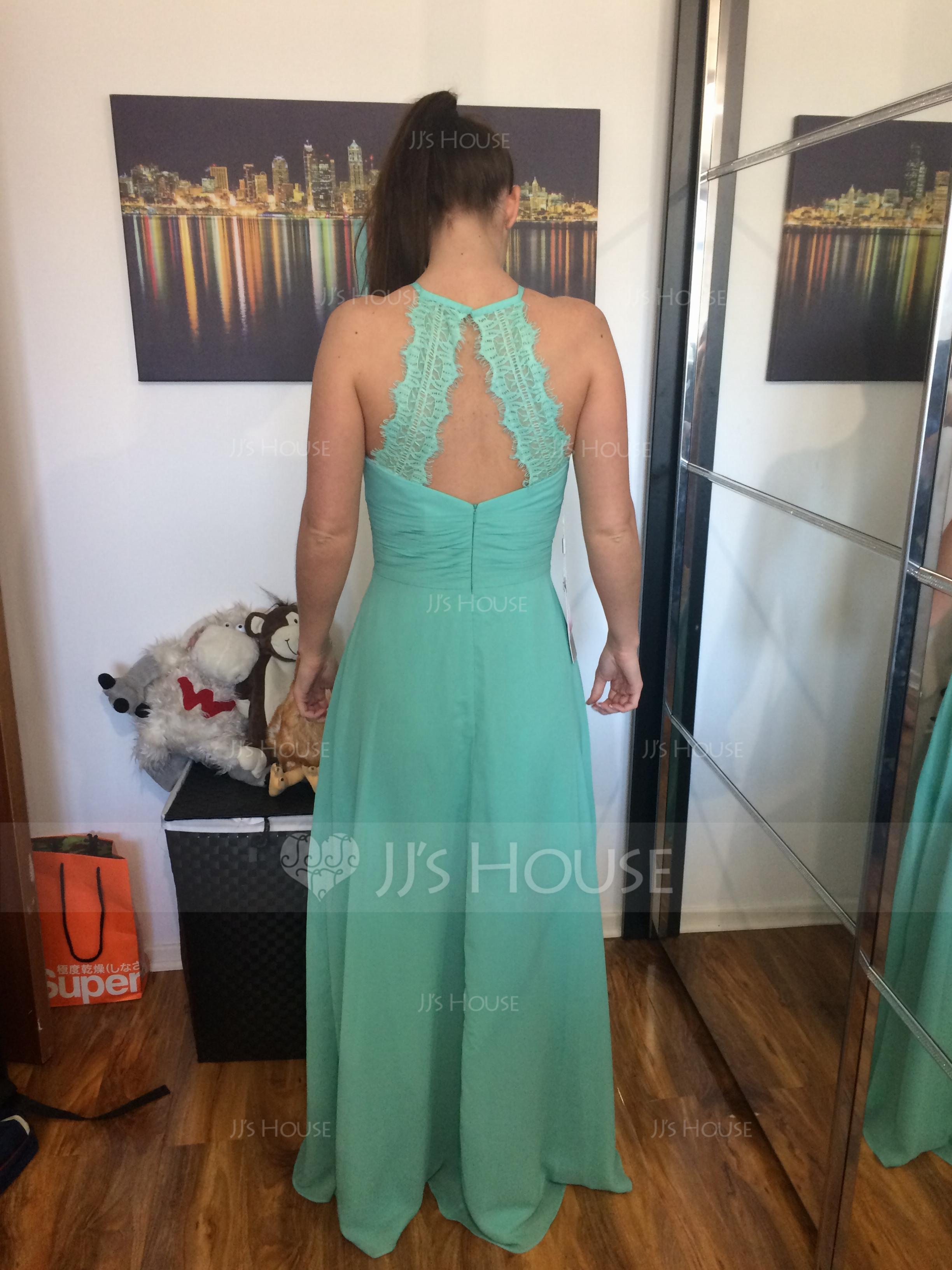 A-Linie/Princess-Linie Träger Bodenlang Chiffon Brautjungfernkleid mit Rüschen Spitze (007054347)