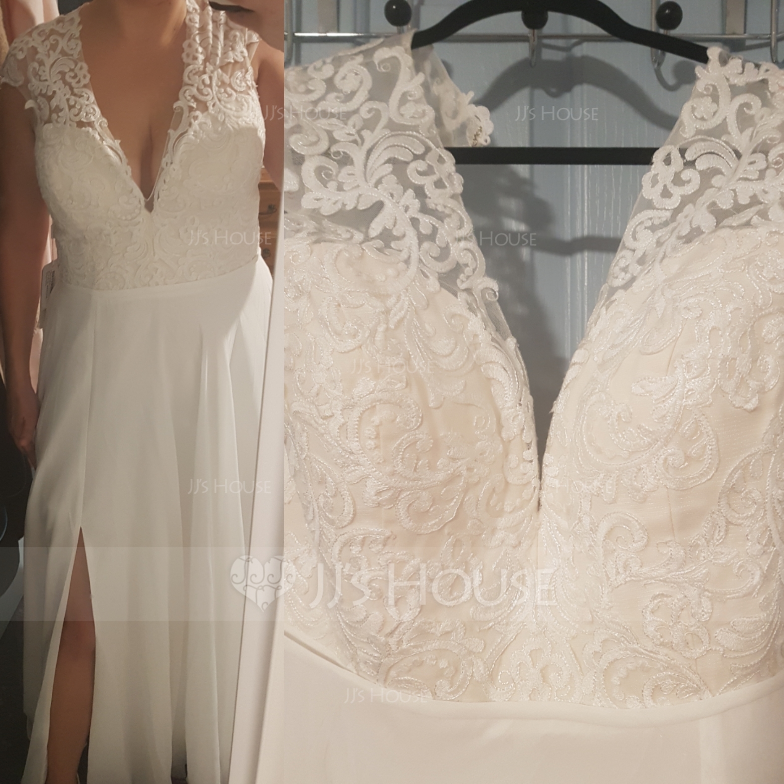 A-Linie V-Ausschnitt Sweep/Pinsel zug Chiffon Brautkleid mit Schlitz Vorn (002134403)
