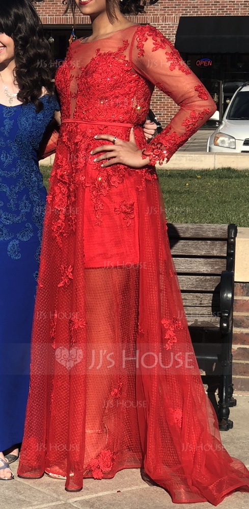 A-Linie/Princess-Linie U-Ausschnitt Bodenlang Tüll Abiballkleid mit Perlstickerei Pailletten (018138349)