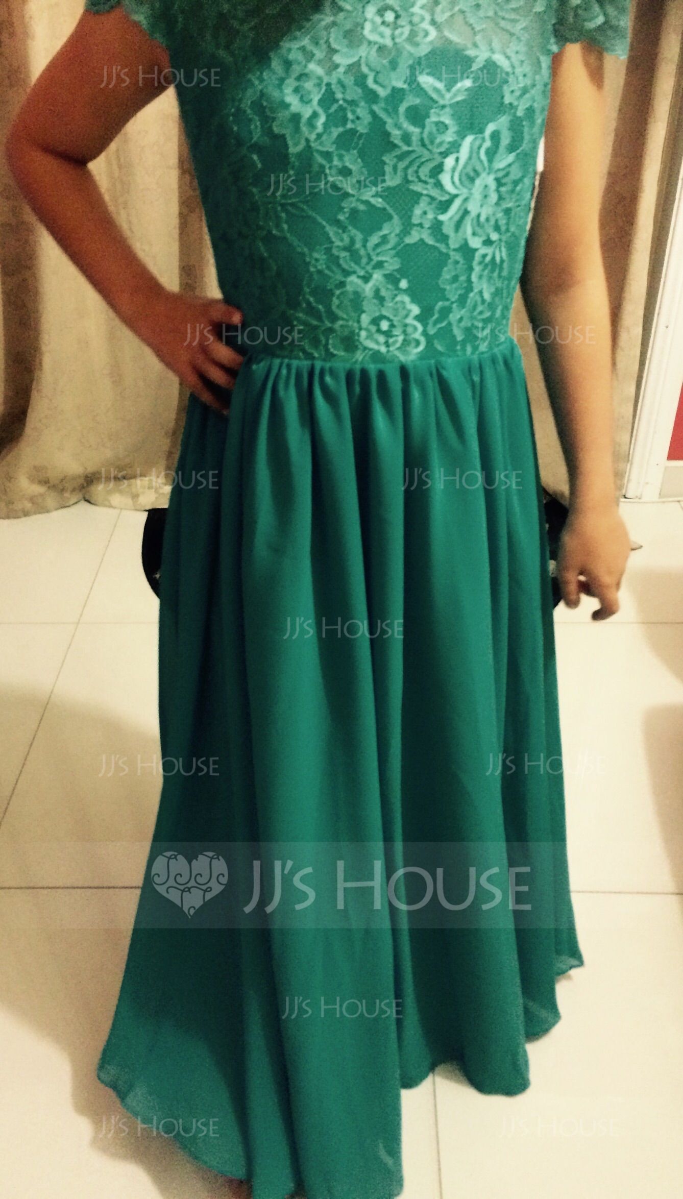 A-Linie U-Ausschnitt Bodenlang Chiffon Spitze Kleider für junge Brautjungfern (009081155)