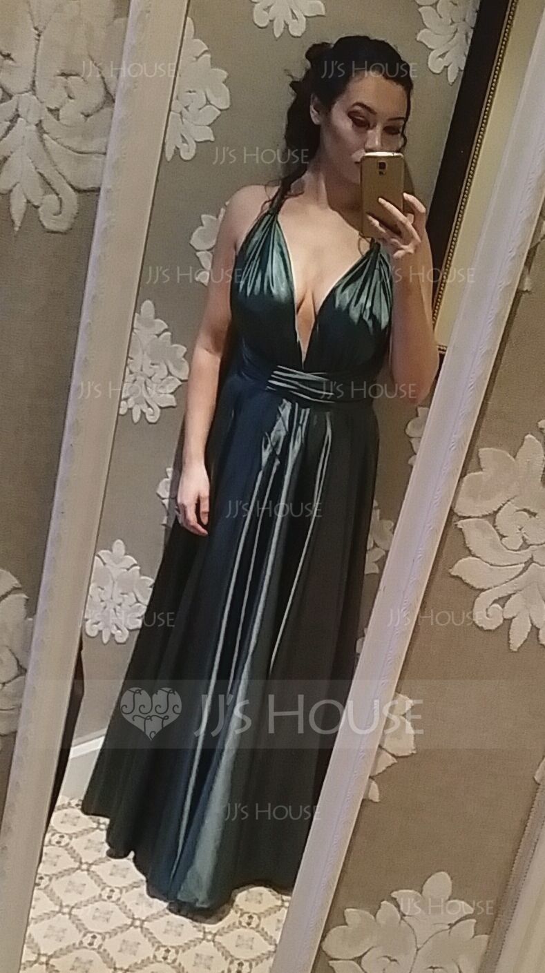A-Linie V-Ausschnitt Bodenlang Charmeuse Ballkleid mit Rüschen (018109300)