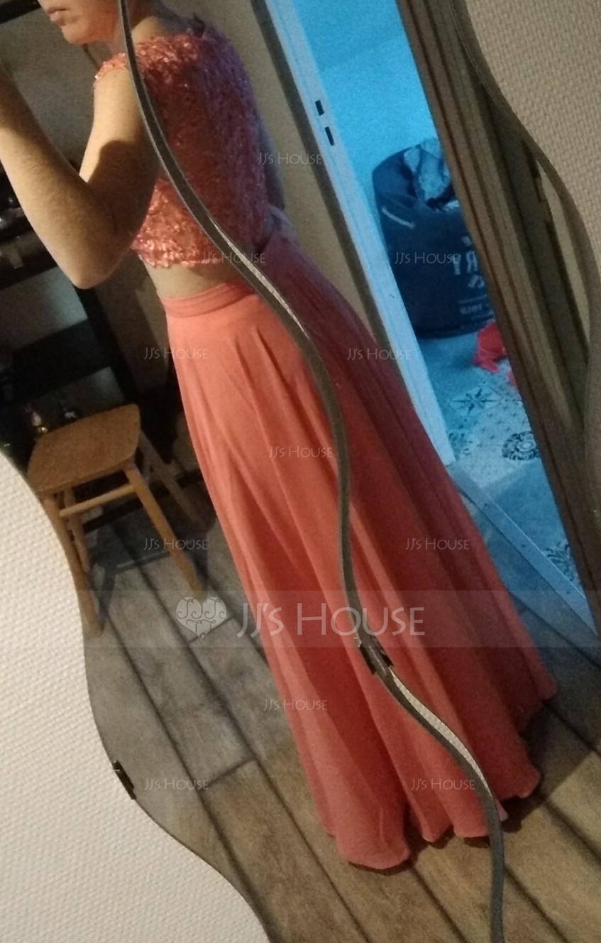 A-Linie U-Ausschnitt Bodenlang Chiffon Ballkleid mit Perlstickerei Pailletten (018089725)