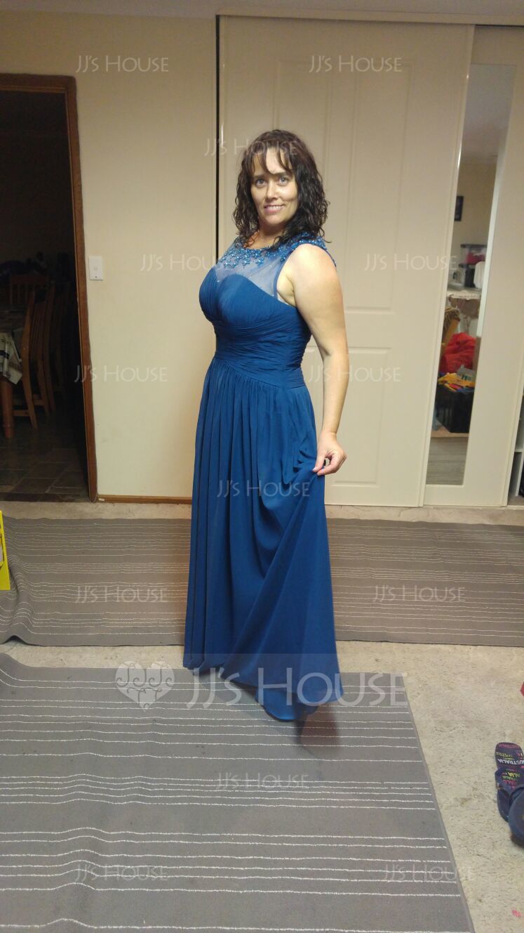 A-Linie U-Ausschnitt Bodenlang Chiffon Ballkleid mit Rüschen Perlstickerei Blumen (018056791)