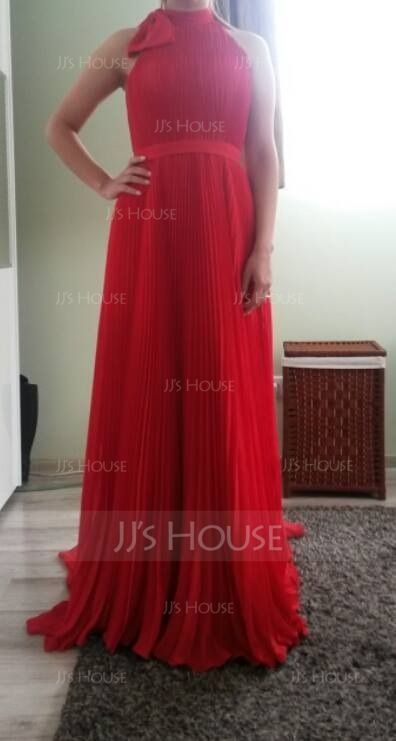 A-Line/Princess Scoop Neck Sweep Train Chiffon Evening Dress With Bow(s) Pleated (017042840)