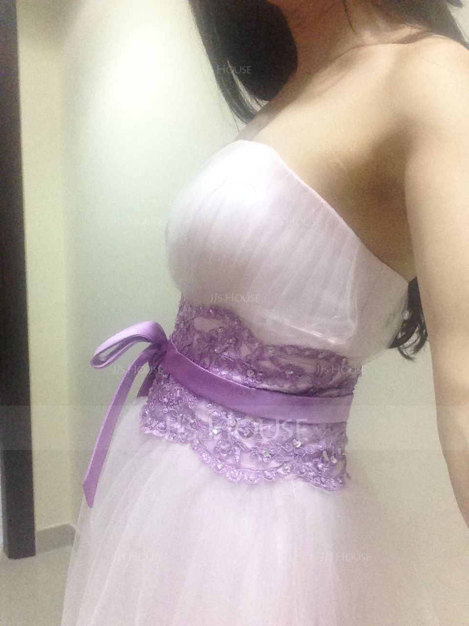 Duchesse-Linie Trägerlos Wadenlang Tüll Brautkleid mit Spitze Schleifenbänder/Stoffgürtel Perlstickerei Schleife(n) (002011609)